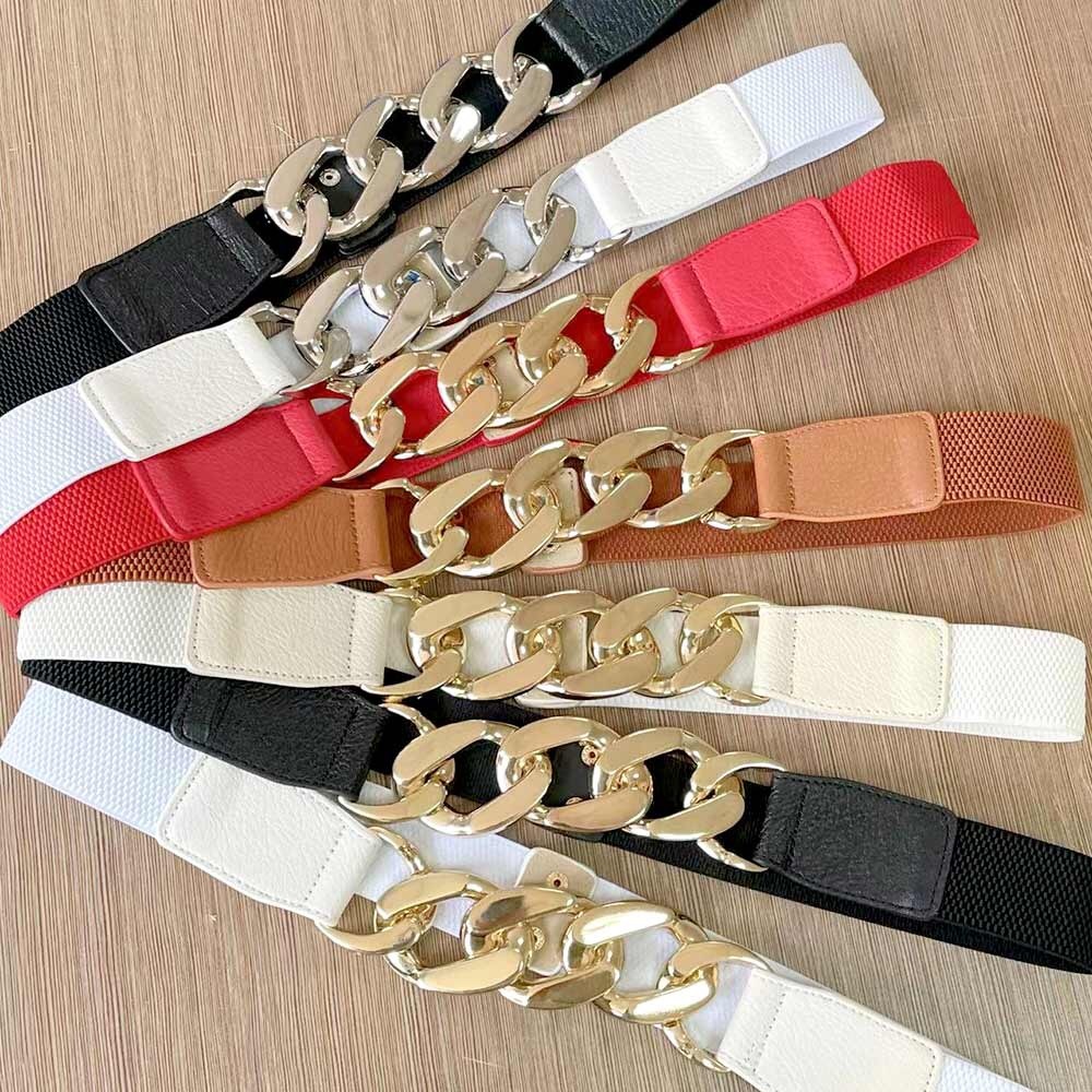 Chunky Black & Gold Metal Elastic Statement Belt